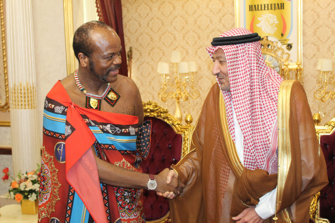 His Majesty King Mswati III shakes hands with Saudi Arabia Vice Minister of Foreign Affairs Walid bin Abdul Karim Al-Khuraiji during a courtesy visit at Lozitha Palace yesterday. (Pics: Lucky Simelane)