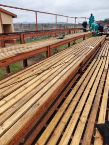 Pigg's Peak Town Council employees repairing the damaged stands at Killarney Sports Ground ahead of Sunday’s clash.