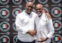 ‘Yuki’ wins PMYF veterans award Former international player Dennis ‘Yuki’ Masina with South African coach Pitso Mosimane. (Courtesy pic)