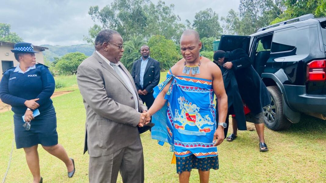 Indvuna Sifiso Mashampu Khumalo being welcomed by Senator Isaac Magagula for the Ezulwini Umphakatsi beginning of the year service held yesterday. (Pics: Nomalunelo Phiri)