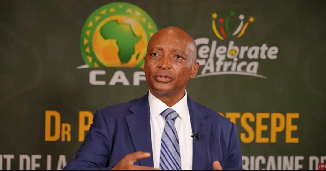 President of the Confederation of African Football Patrice Motsepe talks to media