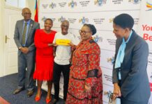 DPM backs Sabelo Matse’s Zim tour Deputy Prime Minister Thulisile Dladla handing over the tour ticket to Matse as Bahlelile Tsabedze, Makhosi Simelane and Eswatini Air Communications Manager Batsabile Nkambule looked on.