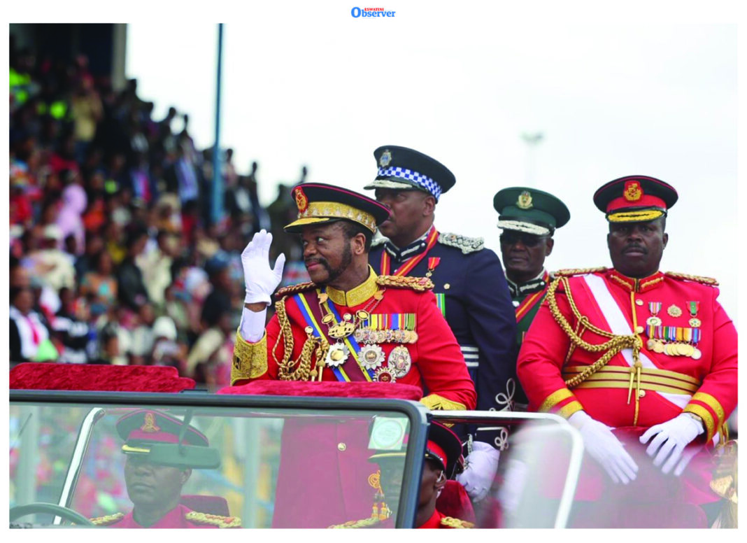 His Majesty King Mswati III greets the thousands of people upon arrival at the Somhlolo National Stadium marking the start of his 40/58 Double Celebration on Friday.