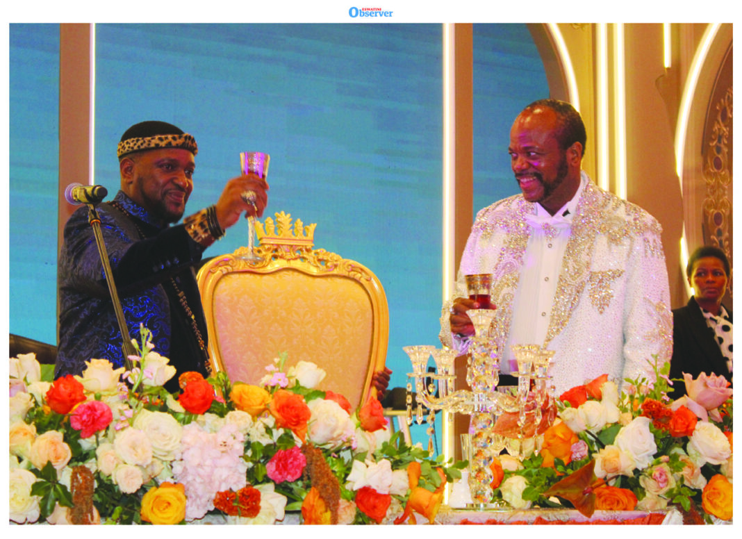 Zulu Nation King Misuzulu kaZwelithini sharing a light moment with His Majesty King Mswati III after delivering his speech during the State banquet held at the newly-opened Ezulwini Palazzo on Sunday.