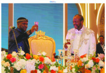 ZULU KING DECLARES: ‘Right next to you, always’ Zulu Nation King Misuzulu kaZwelithini sharing a light moment with His Majesty King Mswati III after delivering his speech during the State banquet held at the newly-opened Ezulwini Palazzo on Sunday.
